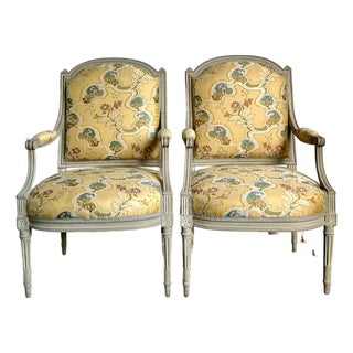 Vintage French Regency Fauteuils With Embroidered Jacquard Uoholdtery - A Pair For Sale