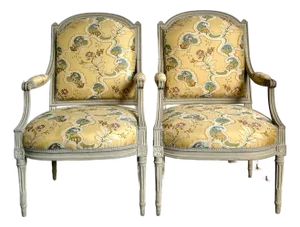 Vintage French Regency Fauteuils With Embroidered Jacquard Uoholdtery - A Pair