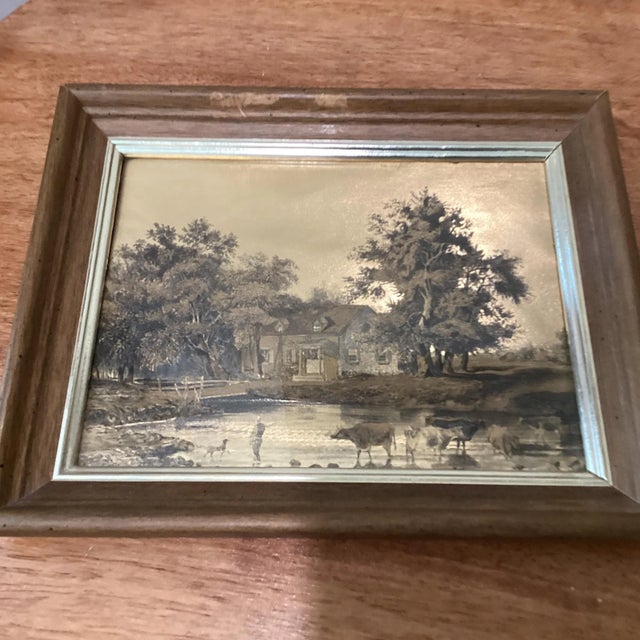 Mid 20th Century Artwork Gold Foil Etching Art Prints Colonial Farmers Bundling Hay, England Set of 2 For Sale - Image 4 of 13