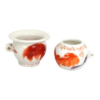 Pair of Antique Chinese Porcelain Cage Bird Feeders With Foo Dogs C 1900 For Sale