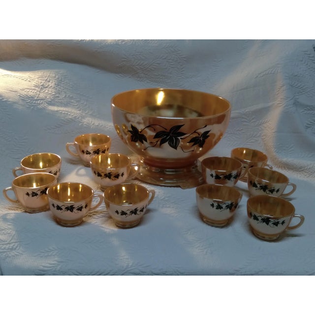 Anchor Hocking Anchor Hocking Peach Lustre Ivy Laurel Punch Bowl Set- 13 Pieces For Sale - Image 4 of 11