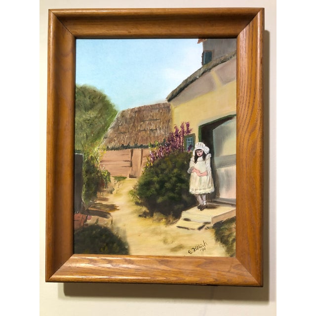 1994 Young Girl in a Village Wearing a White Dress Painting Signed Framed For Sale - Image 11 of 11