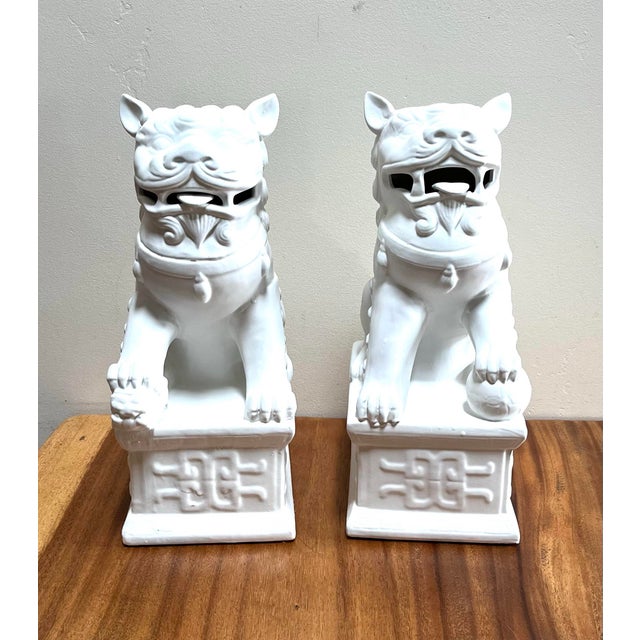 Chinoiserie Chinoiserie 17” Tall Matt White Finish Ceramic Food Dog Pair For Sale - Image 3 of 10