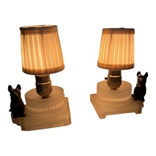 Small Vintage Art Deco Scotty Dog Boudoir Lamps Frosted Glass Base - a Pair For Sale