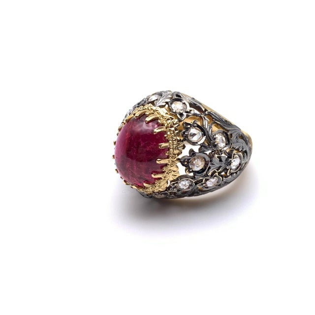 Black Gold Rubellite Tourmaline and Diamond Florentine Ring Size 6.5 For Sale - Image 9 of 9