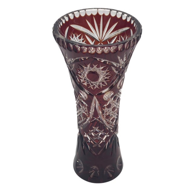 Vintage Large Cut Crystal Vase Cranberry Red and Over Clear Beautifully Cut Ornate Motifs 11" H x 5" W Excellent Condition...