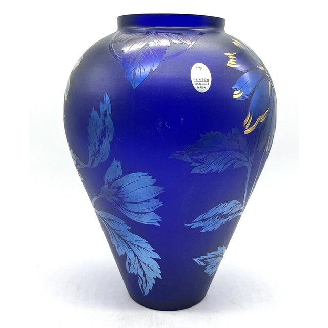 Mid-Century Modern Vintage MCM Fenton Favrene Iridescent Cobalt Blue Gold Flower Art Glass Vase For Sale - Image 3 of 6