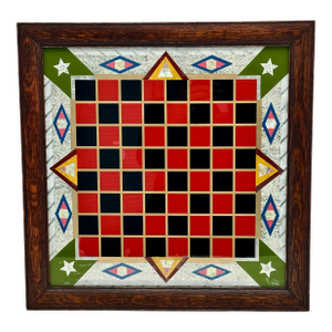 Fancy & Colorful Antique Oak Framed Reverse Painted Glass With Abalone Shell & Silver Foil Backed Wall Hanging Game Board