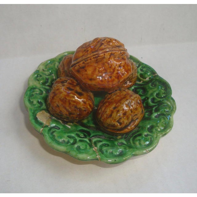 Rustic European Antique Majolica Plate Walnuts Trompe l'Oeil Nuts For Sale - Image 3 of 6