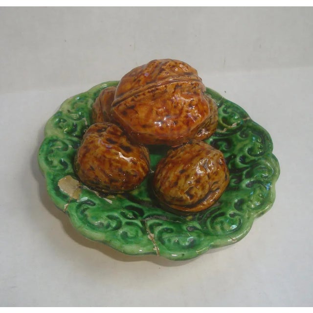 Rustic European Antique Majolica Trompe l'Oeil Walnut Plate For Sale - Image 3 of 6