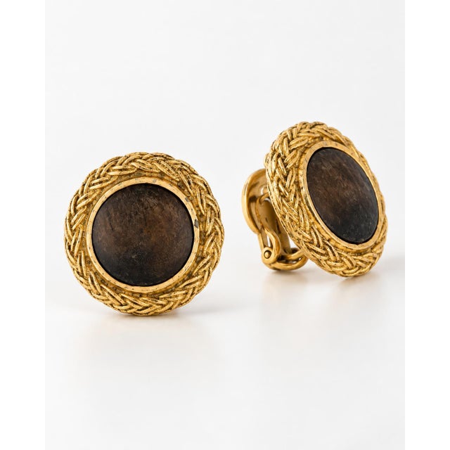 Metal Vintage Chanel 1970s Gold-Plated & Carved Wood Clip-on Earrings, Pair For Sale - Image 7 of 7
