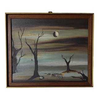 1969 Vintage Geho Surrealist Landscape Oil Painting, Framed For Sale