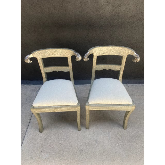 Stunning Neoclassical glam embossed floral Reupholstered in new Boucle chairs with Rams Head motif. Adds a touch of...