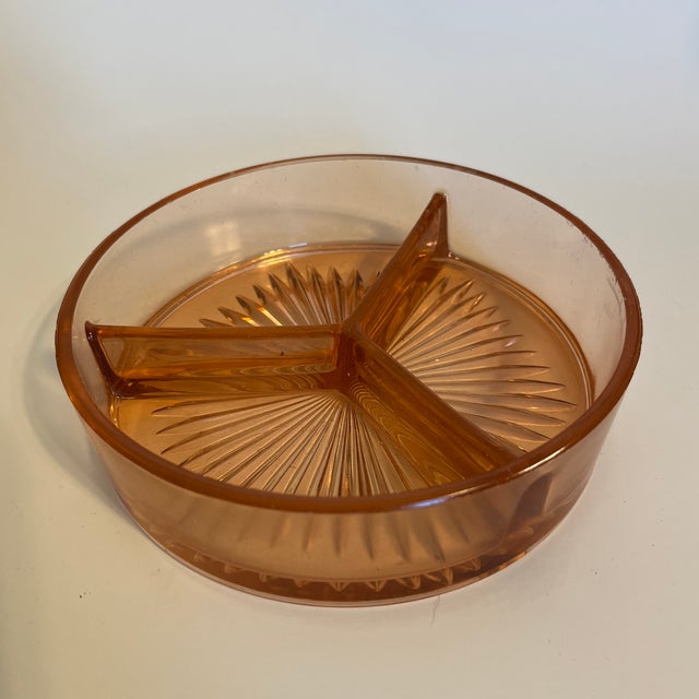 1940’s depression pink glass candy tray. Divided into three sections.