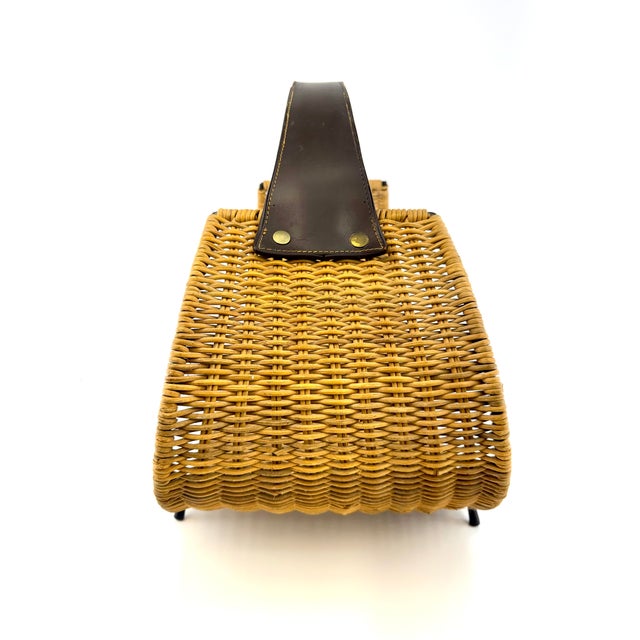 Brown 1960s Mid-Century Rattan Firewood Log Basket With Leather Handle For Sale - Image 8 of 14