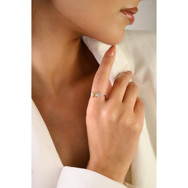 Metal 14k Gold Natural Oval Yellow Sapphire Diamond Floral Motif Cluster Ring Size 7 For Sale - Image 7 of 15