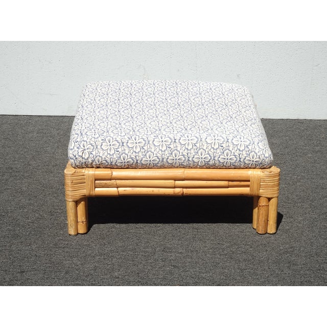 1970s Large Vintage French Country Coastal Bamboo Rattan Ottoman Foot Stool For Sale - Image 5 of 17