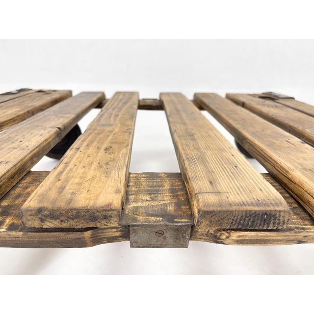 1950s Vintage Industrial Iron & Wood Coffee Table on Wheels, 1950s For Sale - Image 5 of 11