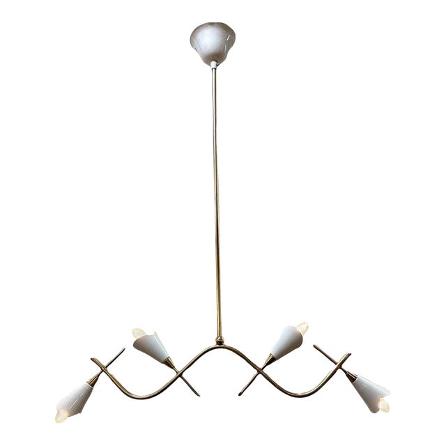 Italian 1950s Brass and White Enamel Pendant Light Chandelier For Sale