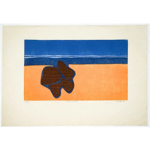 Woodcut by Rockport artist Roger Martin (1925-2015) "Pebble Beach" woodblock print on thin paper, pencil signed, titled,...