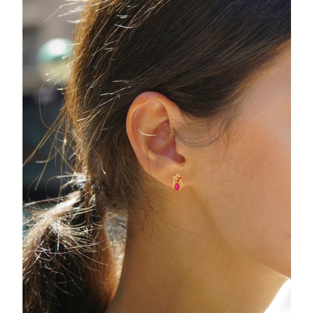 Tulip flower earrings studs with rubies in 14k gold. Pear ruby 14k gold earrings studs. Flower gold earrings. July...