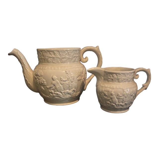 Vintage English t.g. Green & Co Relief Molded Creamware Teapot & Creamer Set - 2 Pieces For Sale