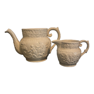 Vintage English t.g. Green & Co Relief Molded Creamware Teapot & Creamer Set - 2 Pieces