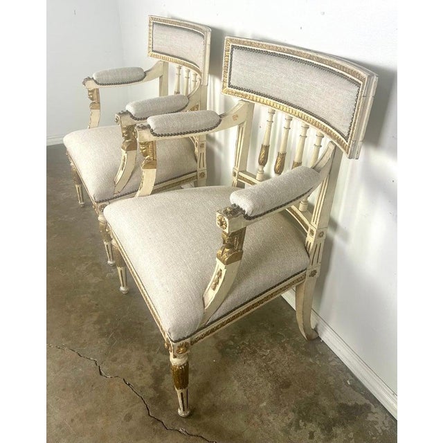 Pair of Italian Neoclassical Style Painted & Parcel Gilt Armchairs C. 1900's For Sale In Los Angeles - Image 6 of 15