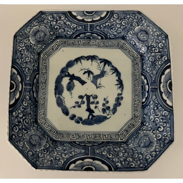 Antique Japanese Blue and White Arita Porcelain Octagonal Plate With Avian Motif For Sale - Image 10 of 15