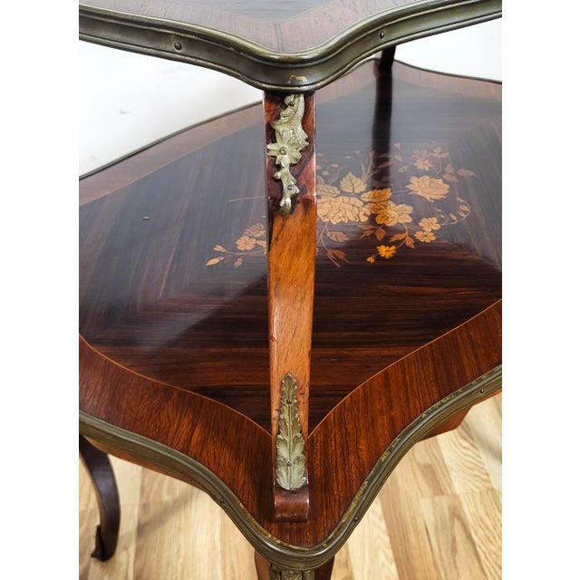 Antique French Louis XV Floral Inlay Rosewood & Bronze Double Tier Dessert Table For Sale - Image 12 of 15