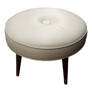 Vintage Mid Century Vinyl Button Tufted Footstool With Peg Legs For Sale
