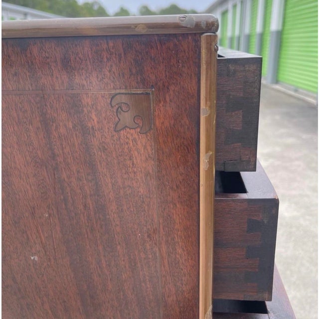 Italian Campaign Style Brass Accent Inlay Lingerie Chest Dresser Chest Drawers For Sale In West Palm - Image 6 of 10