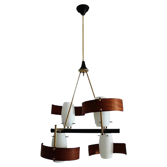 Mid-Century Modern Italian Teak and Glass Chandelier, 1960s For Sale