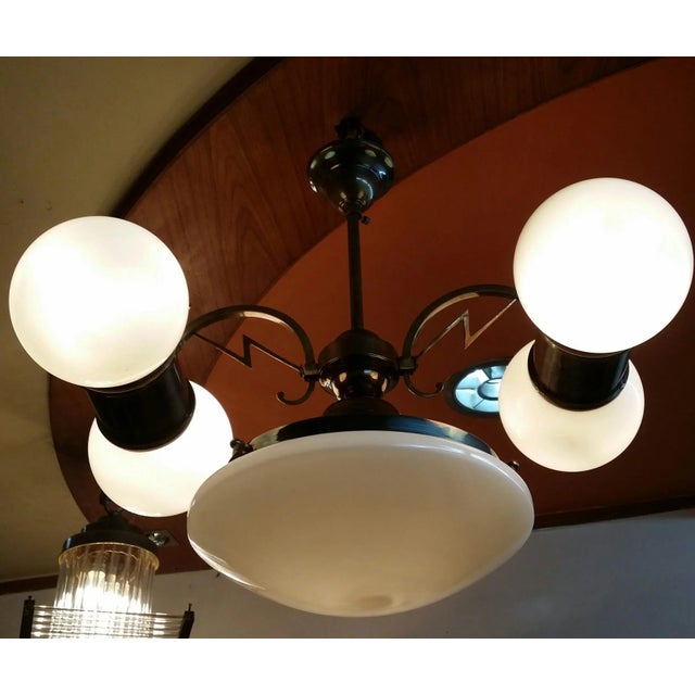 Vintage Art Deco Bauhaus Fixture Old Ceiling Brass Hanging Light Milk Glass Shade Lamp Excellent Working Condition Without...