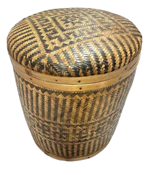 1970s Tall Traditional Thai Hand Woven Wicker Rice Storage Basket With Lid