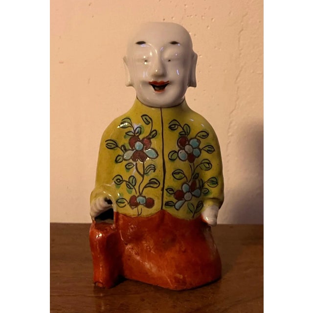 Chinoiserie Antique 19th Century Chinese Export Porcelain Ho Ho Boy Joss Stick Figure for Incense For Sale - Image 3 of 13