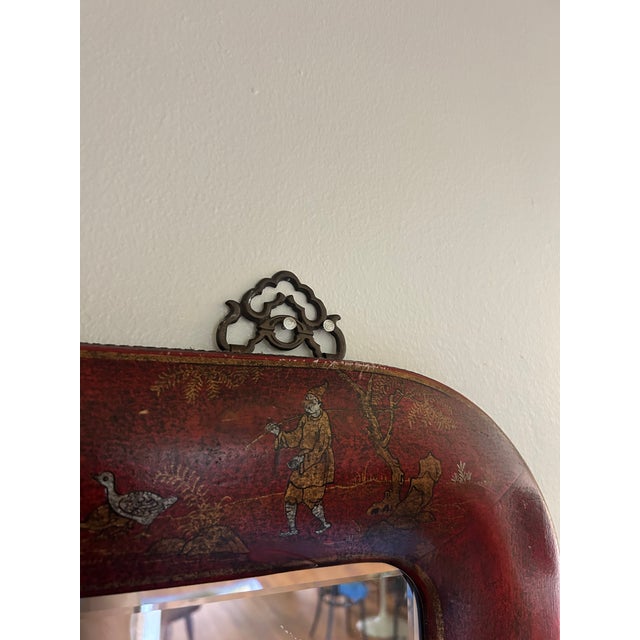 Chinoiserie 1950s Hand Painted Leather Over Wood Chinoiserie Mirror For Sale - Image 3 of 7