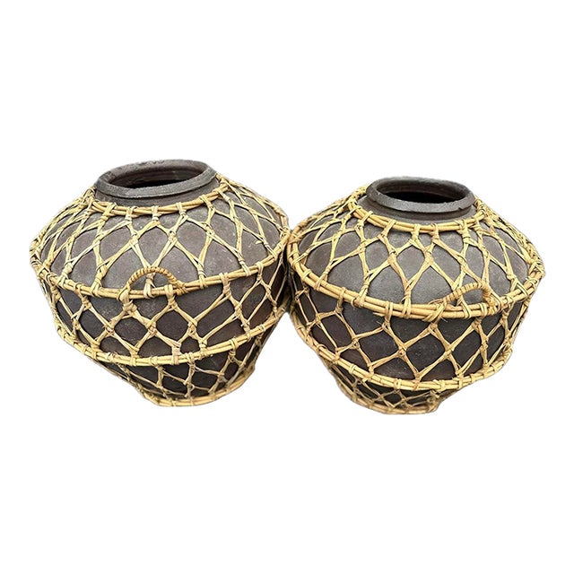 Vintage Large Rustic Terracotta and Bamboo/Wicker Bound Large Floor Pottery - A Pair For Sale
