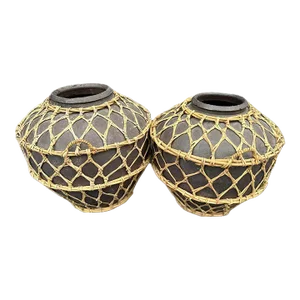 Vintage Large Rustic Terracotta and Bamboo/Wicker Bound Large Floor Pottery - A Pair