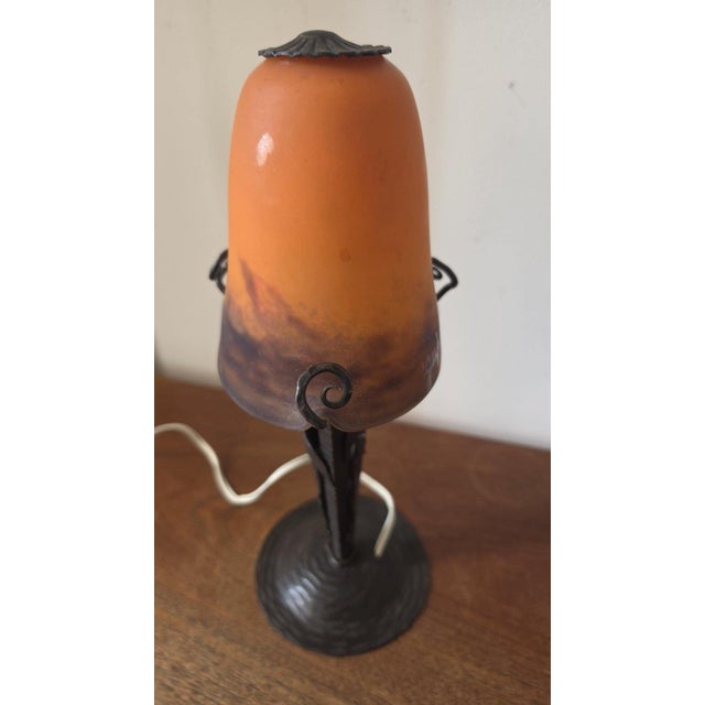 1930s Degué Art Deco Table Lamp Signed French Glass Wrought Iron Orange Accent Light Antique French Lighting For Sale - Image 9 of 15