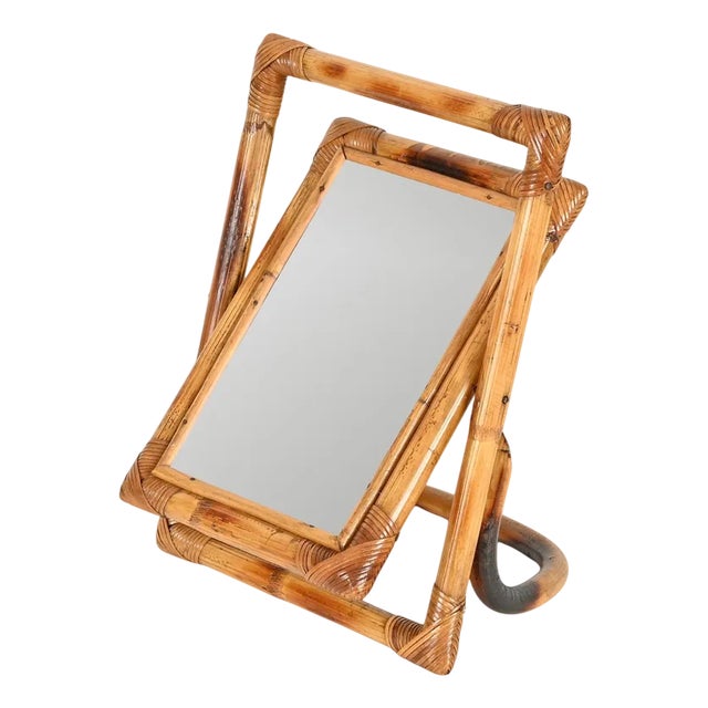 Mid-Century Modern Italian Vanity Adjustable Table Mirror in Bamboo and Rattan, 1970s For Sale
