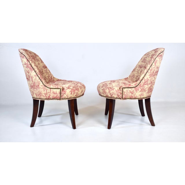 Modern Slipper Chairs in French Country Toile Upholstery For Sale - Image 9 of 9