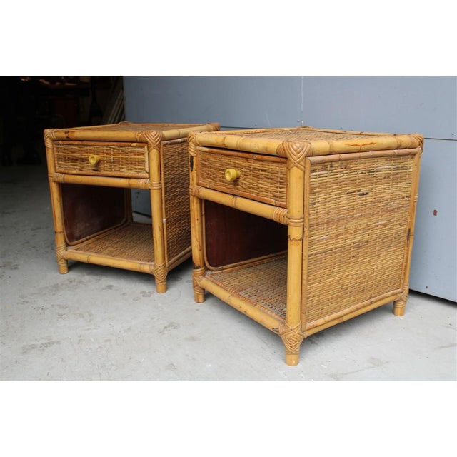 Wood Bamboo Cube Nightstands with Drawers and Shelves, 1960, Set of 2 For Sale - Image 7 of 11