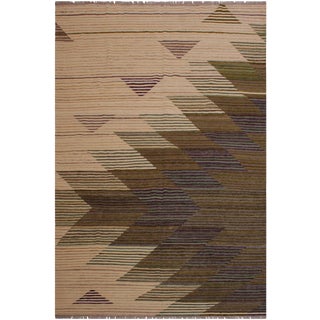 Modern Abstract Kilim Brown Hand-Woven Wool Rug -6'7" X 7'11" For Sale