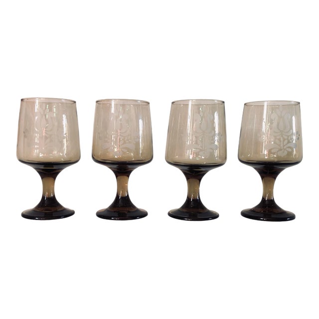 Vintage Pfaltzgraff Etched BrownGlass Stemware S/4 For Sale