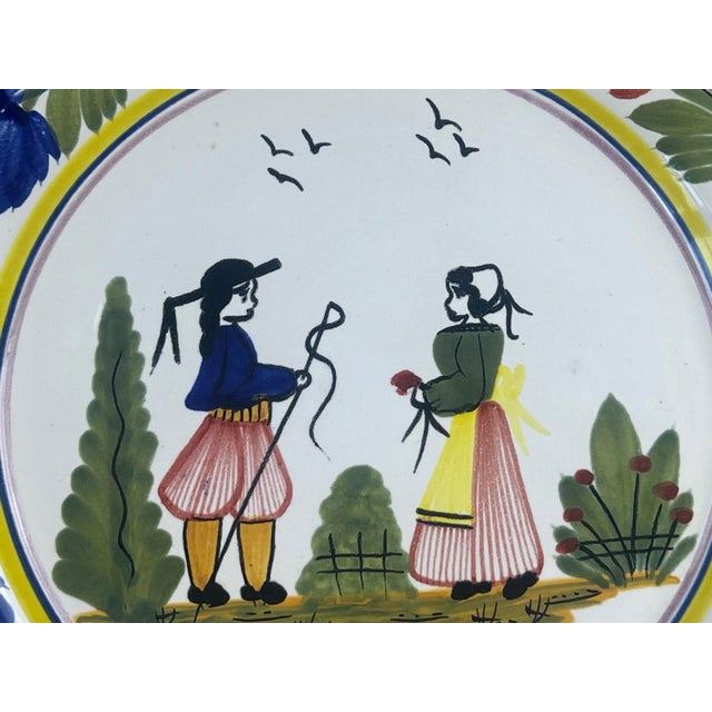 Bright Green Vintage Hb Quimper Plate | Hand Painted Breton Couple Faience | French Folk Art Pottery For Sale - Image 8 of 10