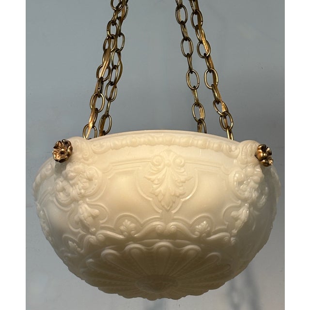 Antique Neoclassical style ceiling fixture. Cast glass bowl with brass hardware. Recently cleaned and professionally re-...