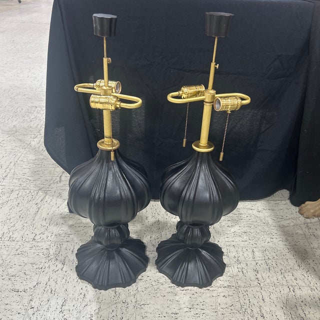 Pair Modern Ebonized Wood Carved Table Lamps Brass Accents