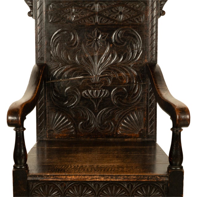 Antique 17th Century English Charles II Oak Carved Wainscot Armchair 1680 For Sale - Image 12 of 13