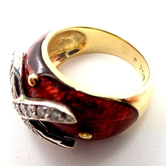 Metal Late 20th Century Hidalgo Yellow Gold Red Enamel X Diamond Ring, Size 5 For Sale - Image 7 of 9